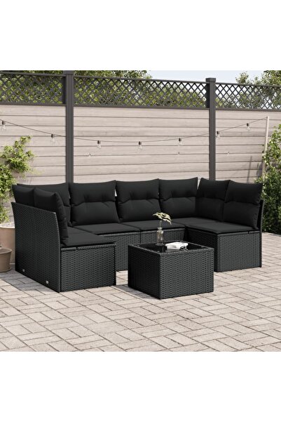 vidaxl Garden sofa set with cushions, 7 pieces, black, polyrattan