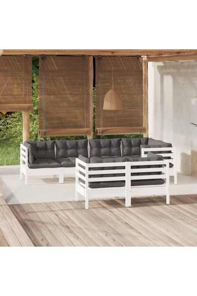 vidaxl Set mobilier gradina cu perne, 7 piese, alb, lemn masiv de pin