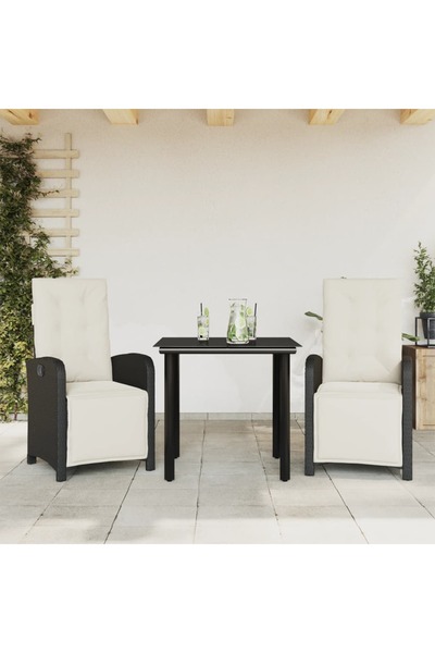 vidaxl Set bistro cu perne, 3 piese, negru, poliratan
