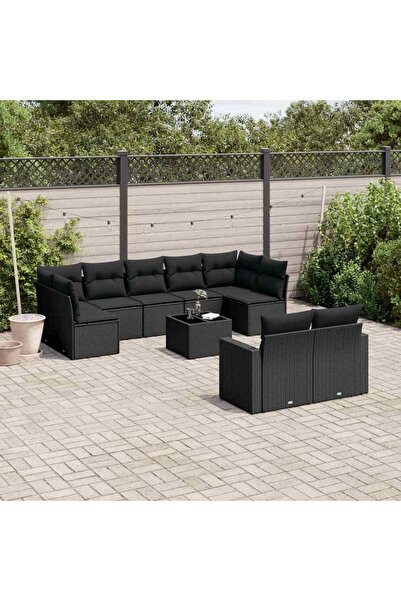 vidaxl Garden sofa set with cushions, 10 pieces, black, polyrattan