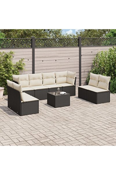 vidaxl Garden furniture set with cushions, 9 pieces, black, polyrattan