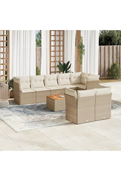 vidaxl Set canapele de gradina, 9 piese, cu perne, bej, poliratan