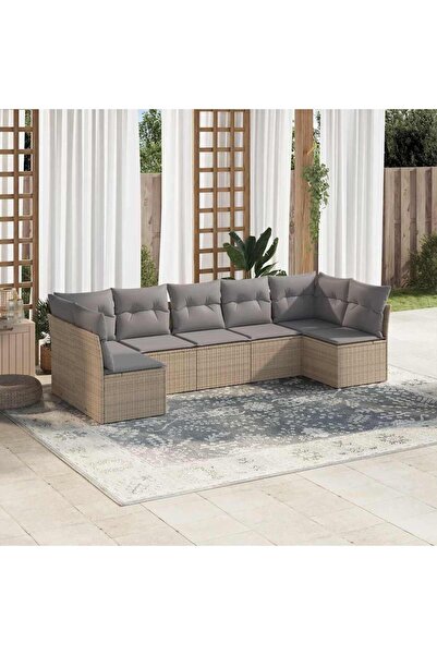 vidaxl Garden sofa set, 7 pieces, with cushions, beige, polyrattan