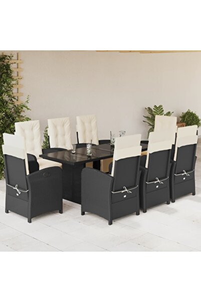 vidaxl Garden furniture set with cushions, 9 pieces, black, polyrattan