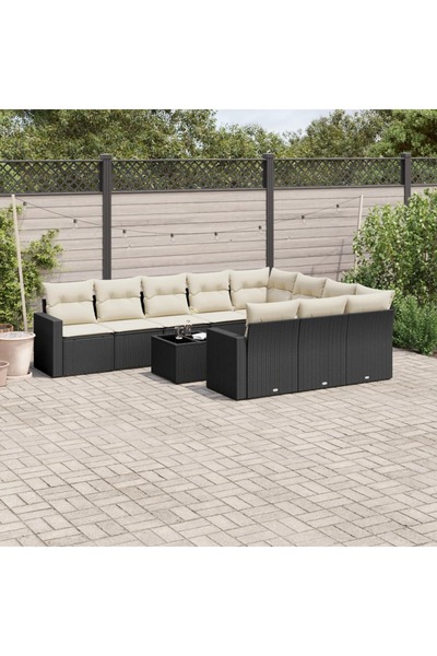 vidaxl Garden sofa set with cushions, 11 pieces, black, polyrattan