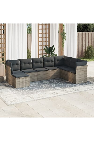 vidaxl Garden sofa set with cushions, 8 pieces, grey, polyrattan