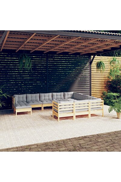 vidaxl Set mobilier gradina cu perne gri, 11 piese, lemn de pin