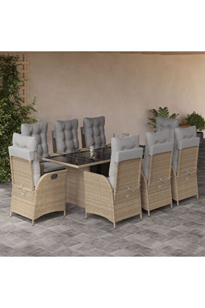 vidaxl 9-piece garden table set with cushions, beige, polyrattan