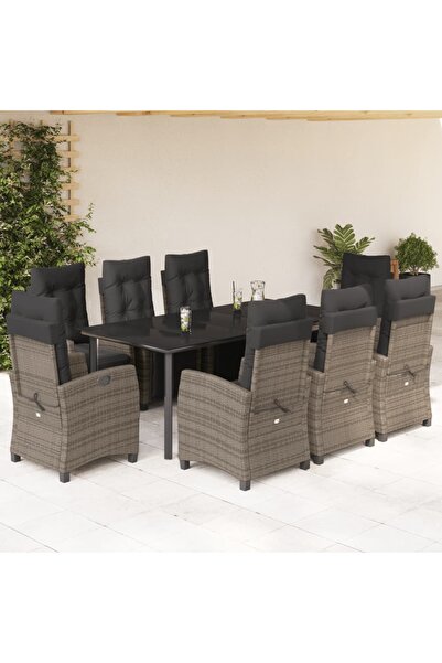 vidaxl Garden furniture set with cushions, 9 pieces, grey, polyrattan