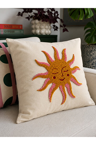 Pilloveland Punch Embroidered Throw Pillow Cover - 43*43 cm - Sun - Pnk001