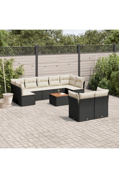 vidaxl Garden sofa set with cushions, 10 pieces, black, polyrattan