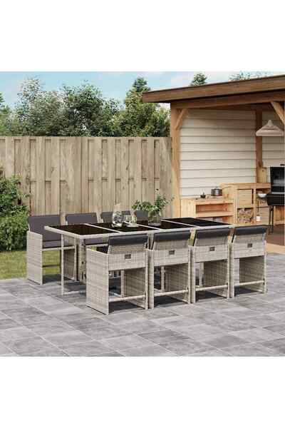 vidaxl Set mobilier gradina cu perne, 9 piese, gri deschis, poliratan