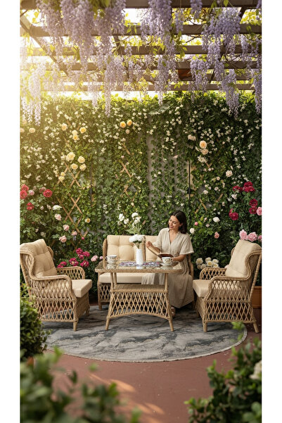 BALCO HOME Mini Leylak 2+1+1+ 60x90 Masa Alüminyum Rattan Balkon Takımı
