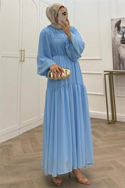 Neşeli Butik Women's Blue Balloon Sleeve Lined Chiffon Hijab Dress with Belt ...