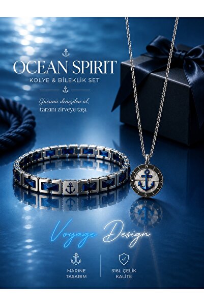voyageaccessory Paslanmaz Çelik Mavi Ocean Spirit Deniz Çapa Kolye Bileklik Seti