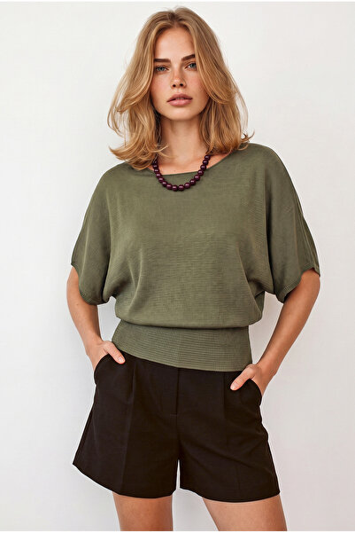 Olalook Women's Khaki Waist Corseted Gipeli Bat Model Viscose Knitwear Blouse...