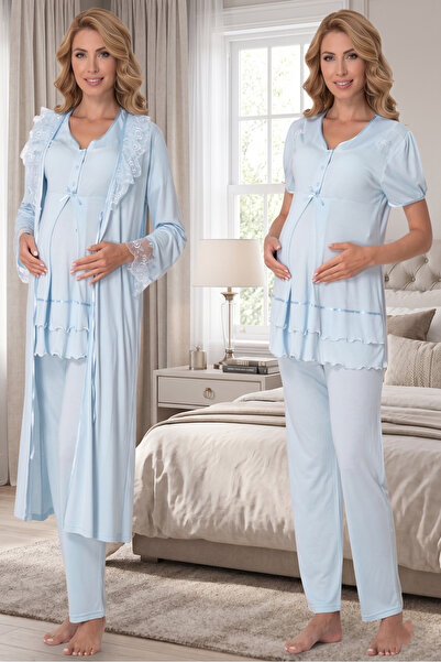 BLACKMORE Women's Blue Lace Detailed Cotton Full Length Maternity Set of 3