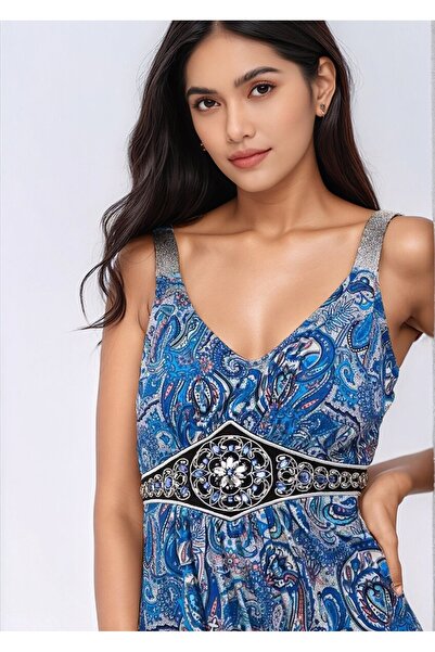 MAMAYAGA Women's Strappy Waist Dress with Stone Accessory Detail, Colorful, S...