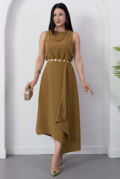 PULLIMM Crew Neck Chain Belted Crepe Dress Grs3992