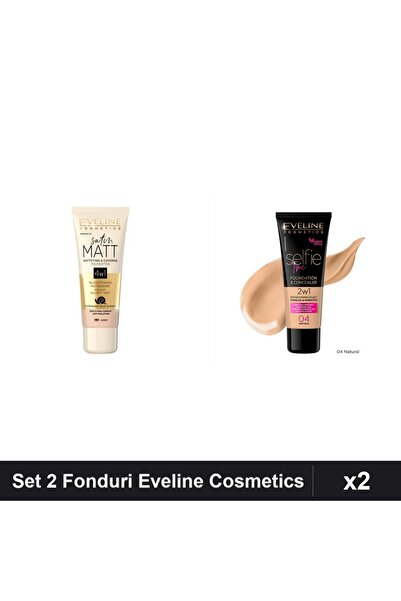 Makeup Set 2 Fonduri de Ten Eveline Cosmetics, Satin Matt 101 Ivory și Selfie...