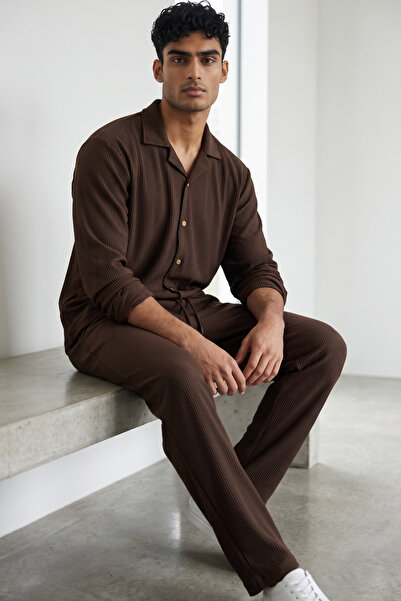 modasende Men's Brown Ottoman Corduroy Shirt and Pants Set - Top and Bottom C...