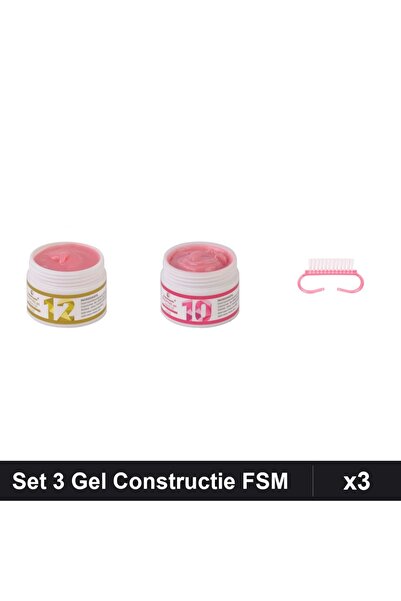 Makeup Set 3 Gel Constructie UV LED FSM 15g, Nuante 12 10, Periuta Praf Roz