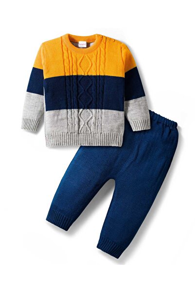 Babyhug Knit Full Sleeves Sweater & Pants Set Color Block & Cable Knit Design...