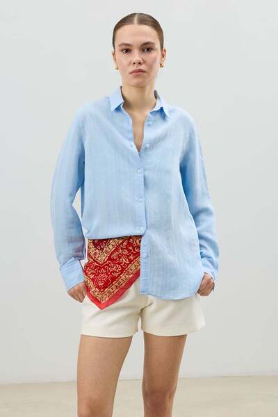Antioch Γυναικείο πουκάμισο Baby Blue Modal με μικτή υφή