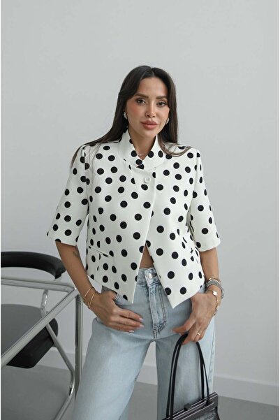 Havoş Beyaz Sanford Puantiyeli Crop Blazer Ceket