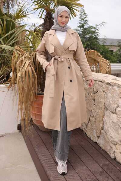İmajButik Light Beige Double-Breasted Collared Lined Trench Coat