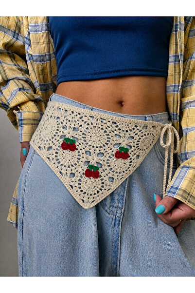 synshop Cherry Cream Knitted Patterned Triangle Waist Bandana Women's Bohemia...