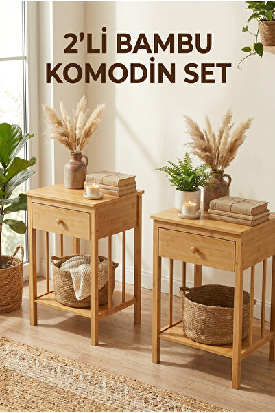 Robin Home Doğal Bambu Tek Çekmeceli Raflı 2'li Komodin Seti Yan Sehpa