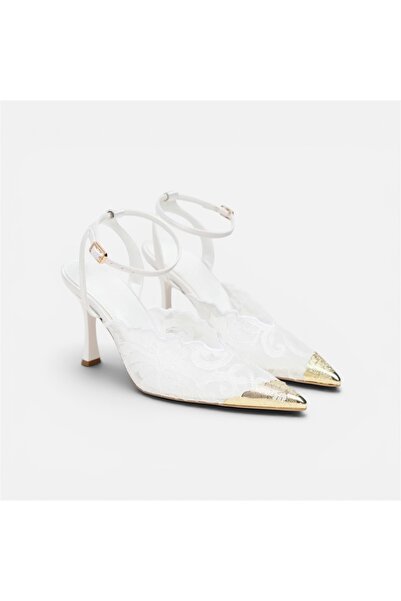 runa shoes Detaliu brodat din dantelă în față, material auriu, pantofi cu toc...