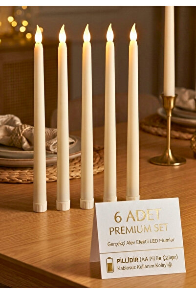 BRE HOME 6'lı Premium Pilli LED Şamdan Mumu Seti - 28 cm Gerçekçi Alev Efektl...
