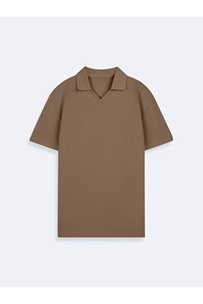 Ltb V-Neck Pique Polo Collar Brown T-Shirt