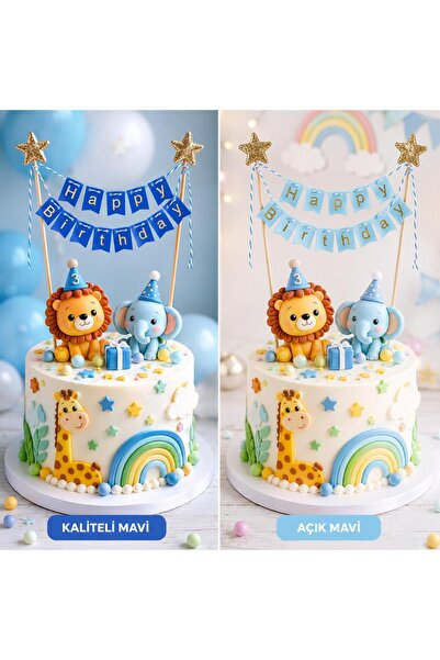 YEAP OFFICE Mini Safari Happy Birthday Pasta Süsü 12 Adet – Mavi Gold Çocuk D...