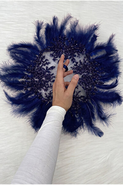 ZEYMERADE Navy Blue Bridal Handkerchief, Decorated with Glass Beads and Feath...