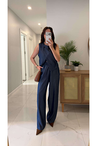 BİRCANÇİL Set de pantaloni și vestă din in, albastru marin Bellix