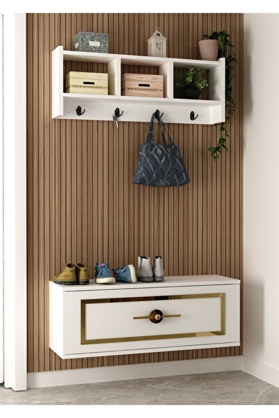 DEMONTE DECOR P4044DD-32 PORTMANTO,AYAKKABILIK,DRESUAR BEYAZ-ALTIN