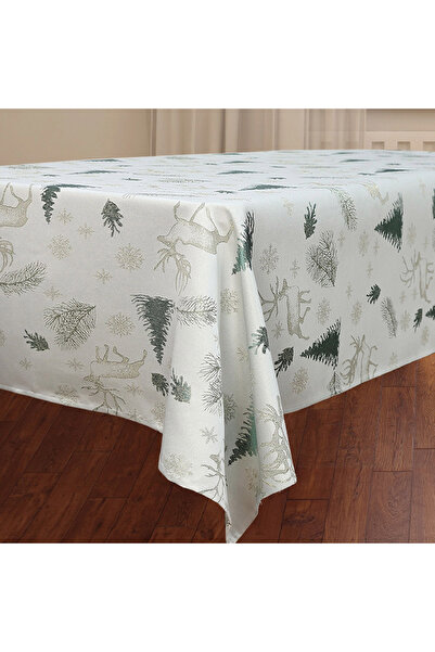 Zumzeria Christmas Decorative Tablecloth in Green and Gold with Reindeer, Tre...