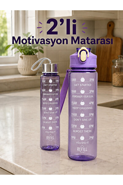 BEYZANA 2’li Motivasyon Matarası Siyah Şeffaf Kokusuz Stickerlı Suluk | Pipet...