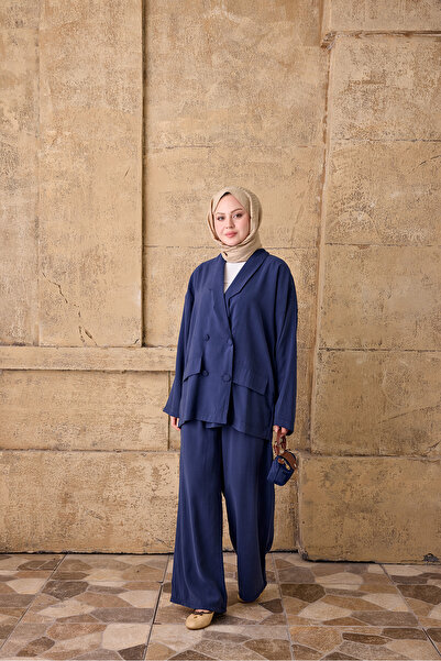 LOCCO Women's Double Pocket Look Jacket Set Indigo Blue