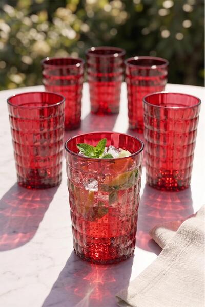 EWs Acrylic Allegra Red 6-Piece Short Glass & Water Soft Drink Coffee Cup 400...