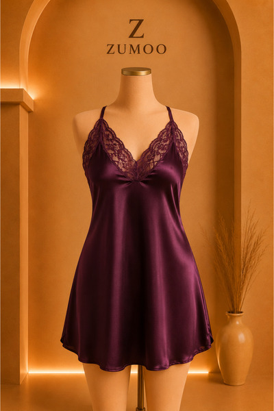 ZUMOO Plus Size Burgundy Satin Lace Detailed Thin Strap Women's Nightgown
