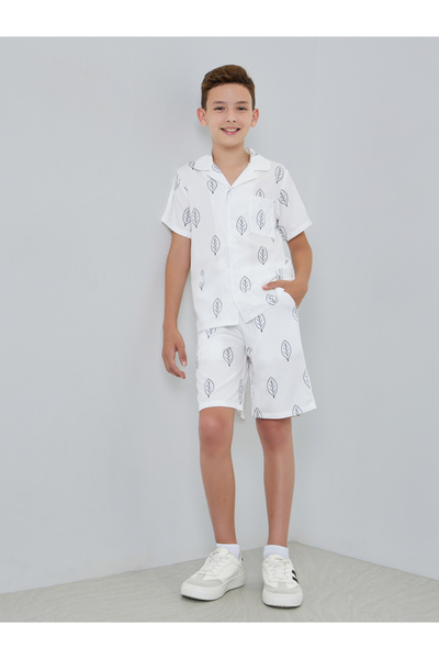 Styli Boys White Leaf Print Shirt and Shorts Set