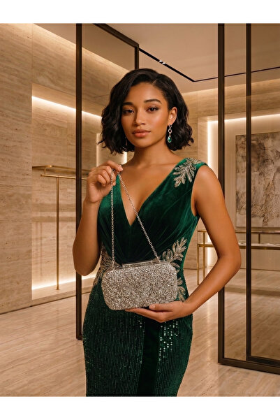 RKY SERENITY Women's Silver Color Stone Embellished Evening Dress Bag Stylish...