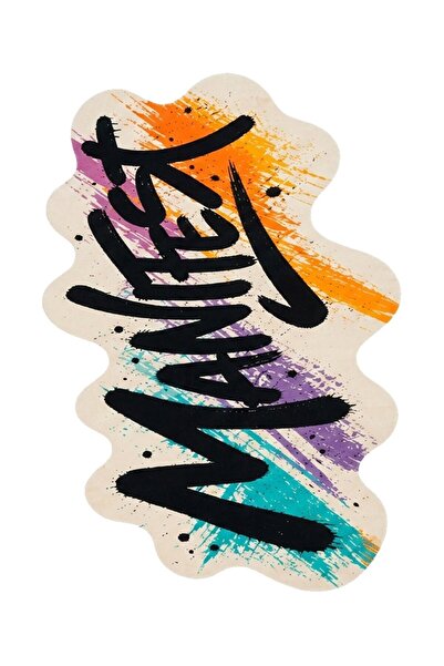 Gergef House Manifest Yazılı Grafitti Stil Özel Kesim Bej Siyah Krem Dokuma T...