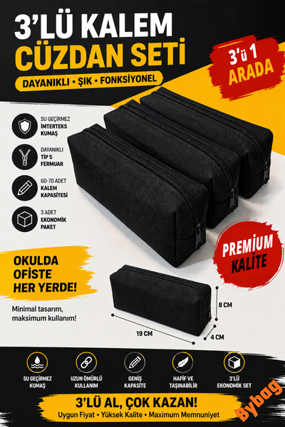 BYBAG 3’lü Su Geçirmez İmperteks Kumaş Kalemlik Seti Siyah Büyük Kapasiteli F...
