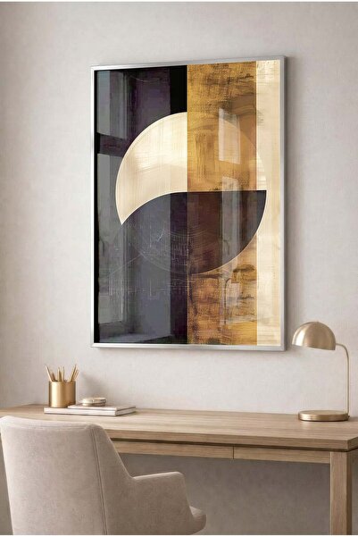 Zevahir Mobilya Dekorasyon Gold and Black Abstract Glass Painting - Silver Me...