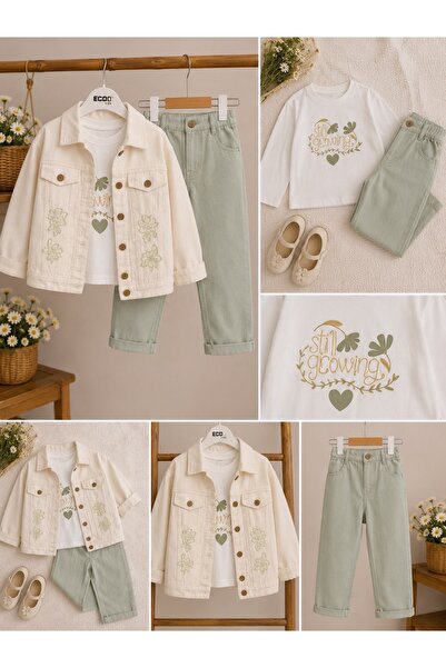 Minik mooda Girl's Floral Embroidered Denim Jacket and Powder Pants Set